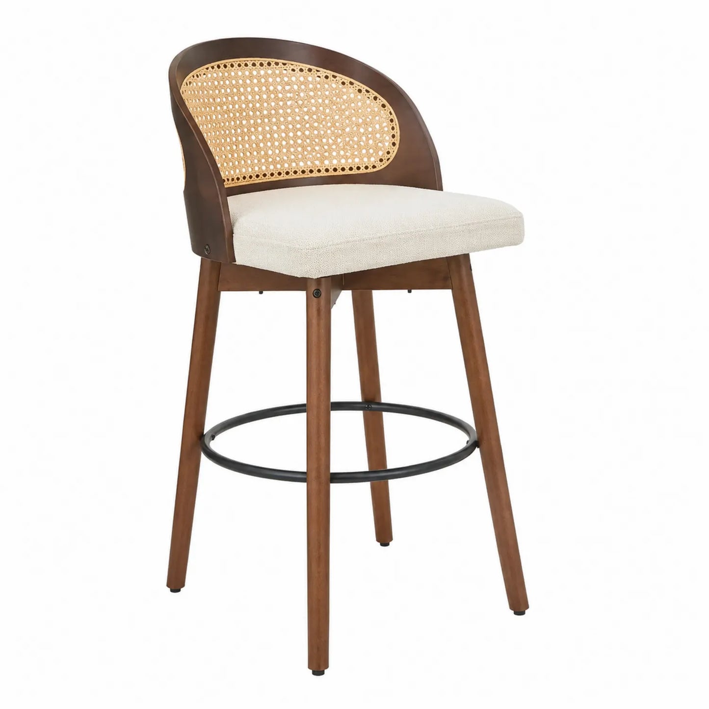 Tabouret de bar en bois avec dossier en rotin et assise en tissu