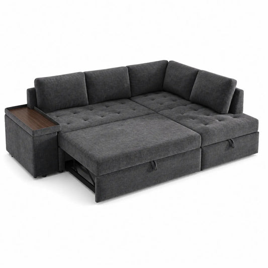 Canapé d'angle en tissu gris foncé avec méridienne et table d'appoint