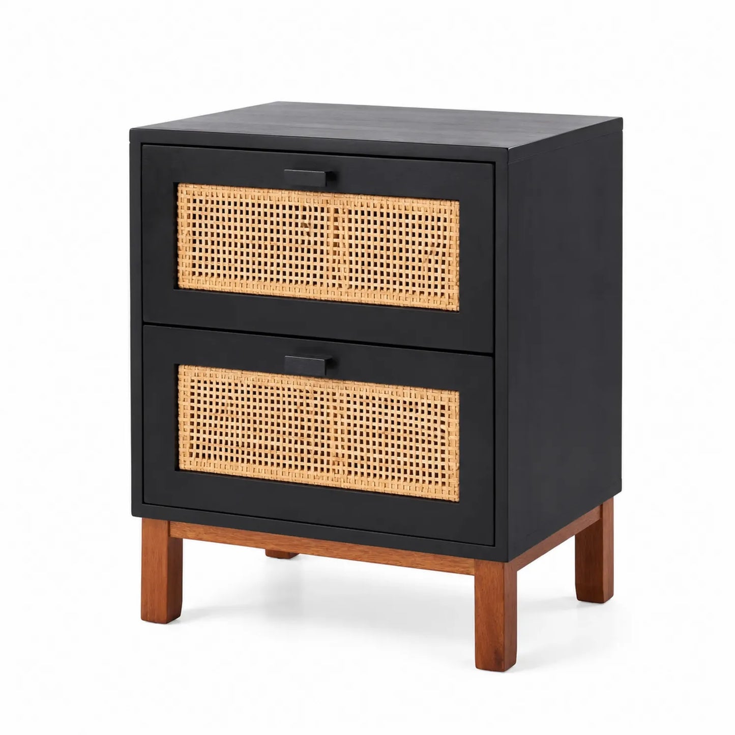 Table de chevet en bois et rotin à deux tiroirs Noire