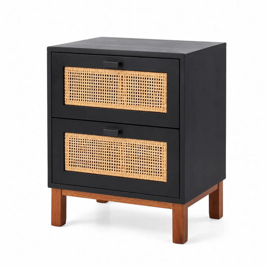 Table de chevet en bois et rotin à deux tiroirs Noire