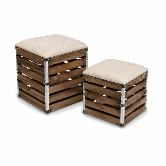 Ensemble de 2 Bancs en Bois avec Coussin en Lin Beige
