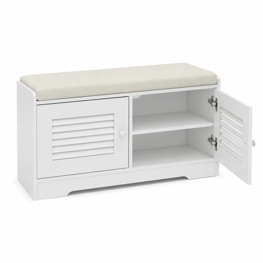 Banc de rangement en bois avec coussin en mousse et polyester Blanc
