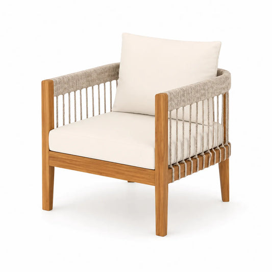 Fauteuil en bois de teck et corde avec coussins crème