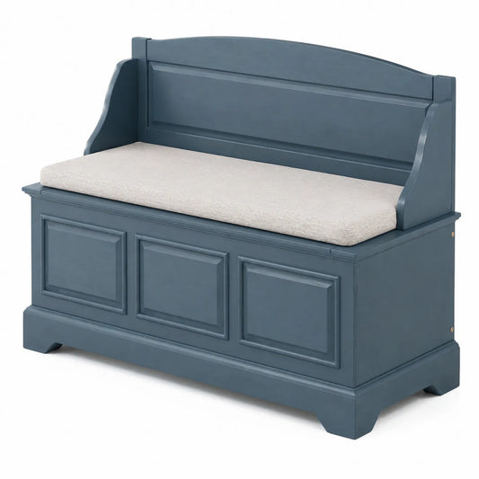 Banc de rangement en bois bleu avec coussin en coton