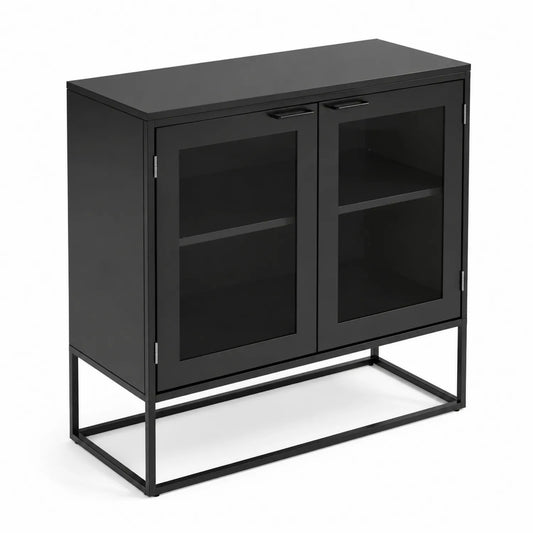 Buffet en métal avec portes en verre trempé Noir 100x40x90 cm