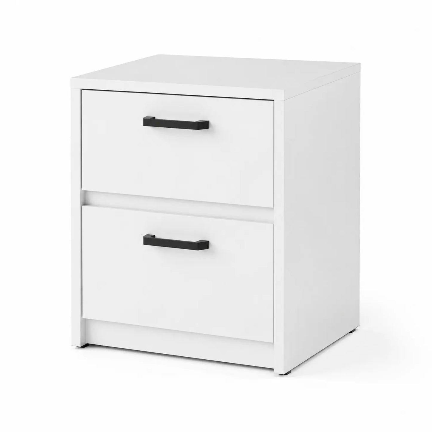 Table de chevet en bois blanche 2 tiroirs avec poignées noires