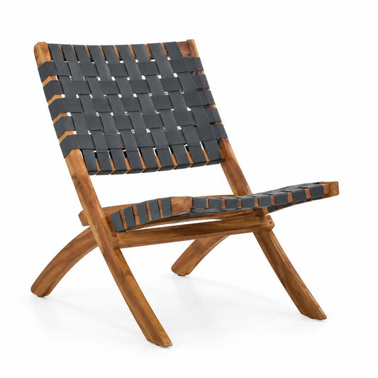 Chaise pliante en teck et tissu polyester gris