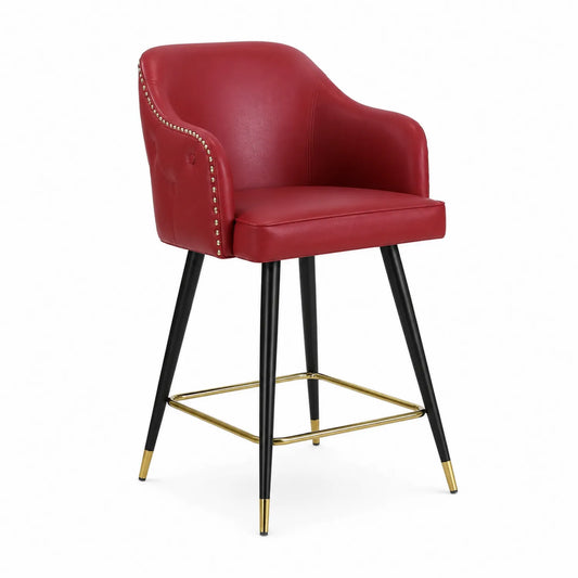 Tabouret de bar en cuir synthétique rouge avec pieds en métal noir et repose-pieds doré