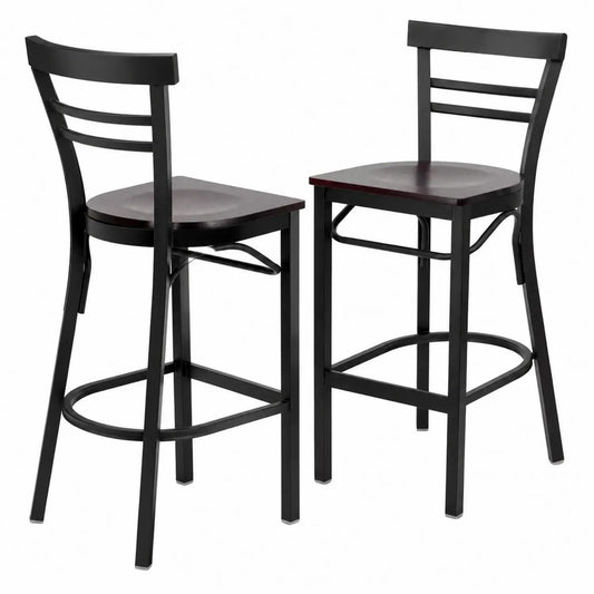 Tabourets de bar en métal noir avec assise en bois, ensemble de 2, hauteur 75 cm