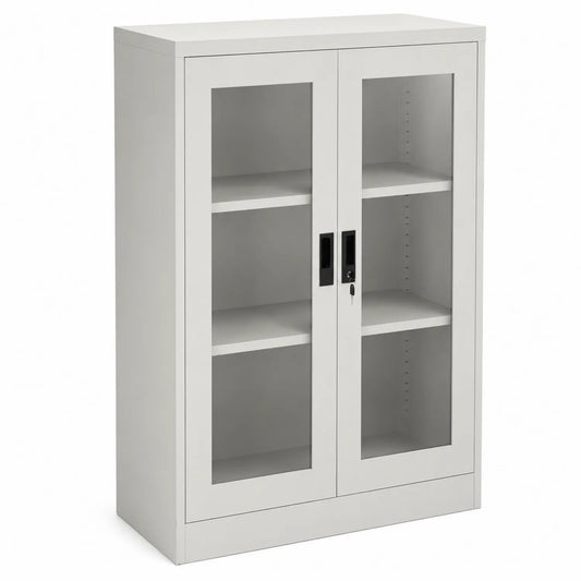 Armoire en métal avec portes en verre trempé blanc 120x90x40 cm