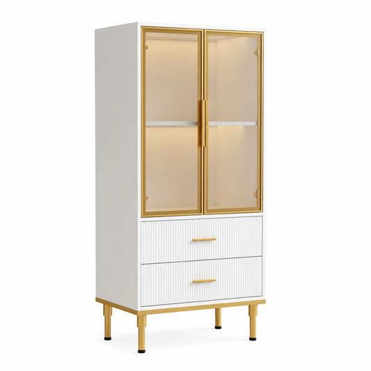 Armoire vitrine en verre trempé blanc et or avec tiroirs