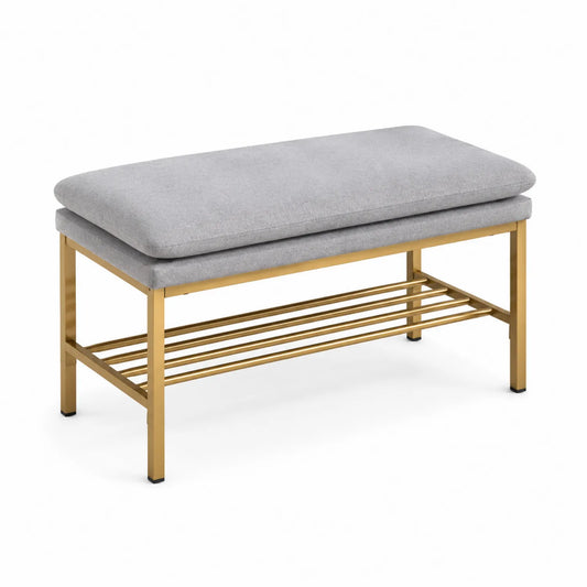 Banc en métal doré avec siège en tissu gris