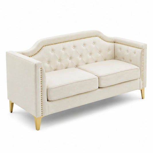 Canapé en velours beige avec pieds en métal