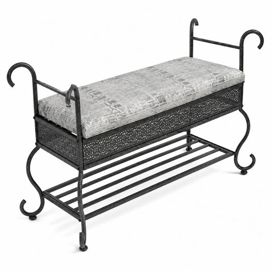 Banc de rangement en métal avec coussin en tissu gris